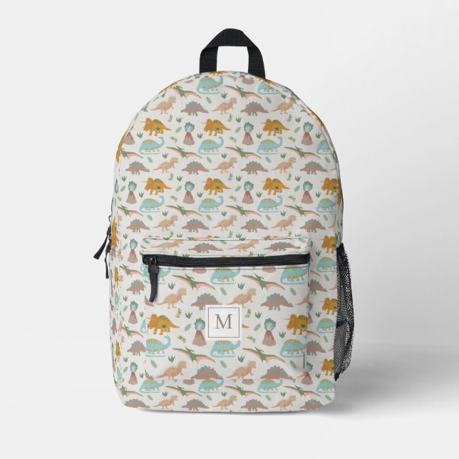 Dinosaurs Kids Hand Drawn Boho Dinosaur Monogram Printed Backpack (Front)