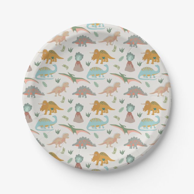 Dinosaurs Kids Hand Drawn Boho Dinosaur Pattern Paper Plate (Front)