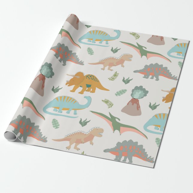 Dinosaurs Kids Hand Drawn Boho Dinosaur Pattern Wrapping Paper (Unrolled)