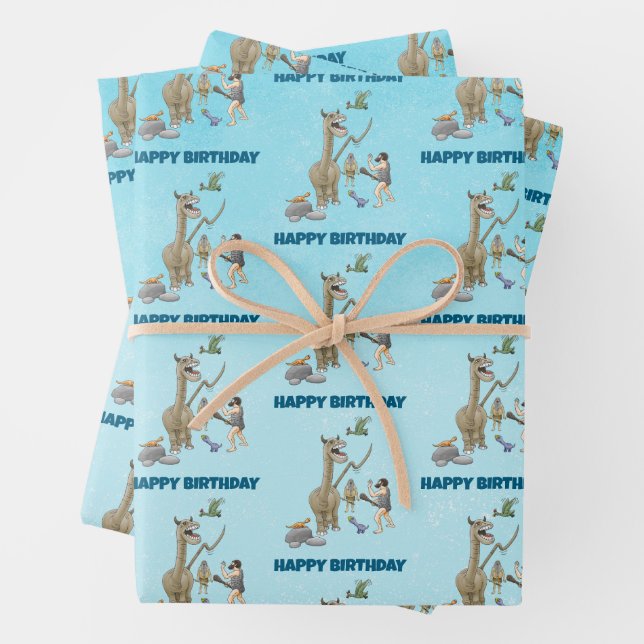 Dinosaurs meet the Stone Age Wrapping Paper Sheet (In situ)