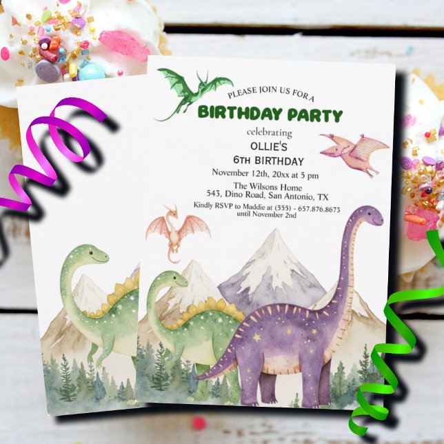 Dinosaurs & Mountains Colourful 6th Birthday Party Invitation (Creator Uploaded)