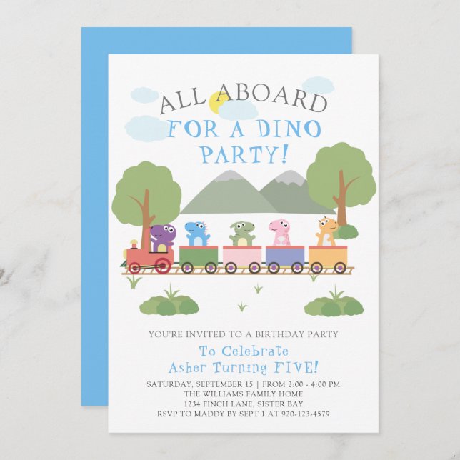 Dinosaurs On A Train Birthday Invitation (Front/Back)