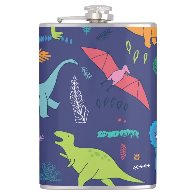 Dinosaurs Palms Tropical Vintage Pattern Hip Flask (Front)