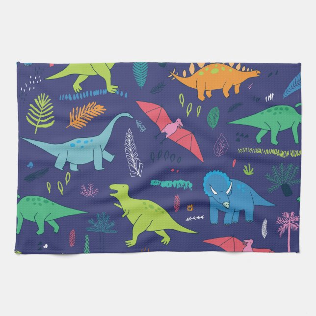 Dinosaurs Palms Tropical Vintage Pattern Tea Towel (Horizontal)