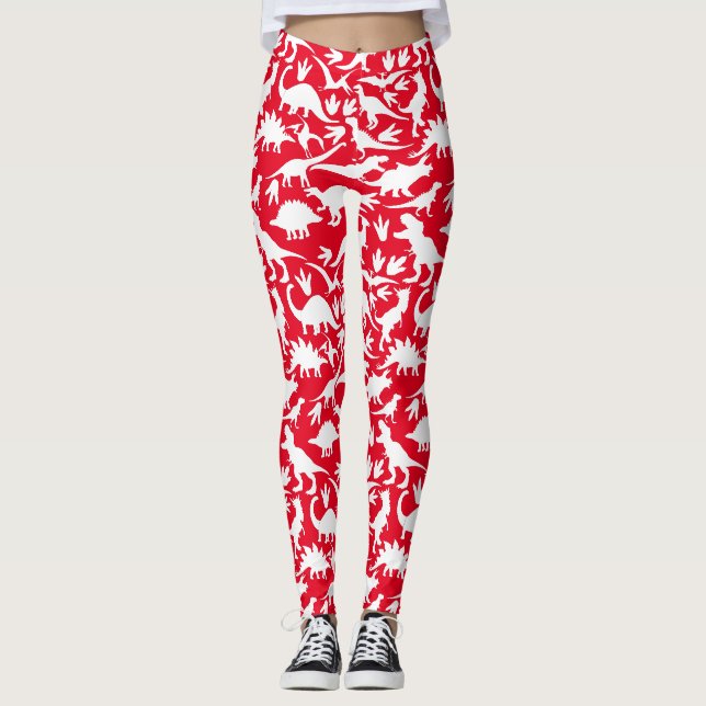 Dinosaurs pattern 01 w. Red BG Leggings (Front)