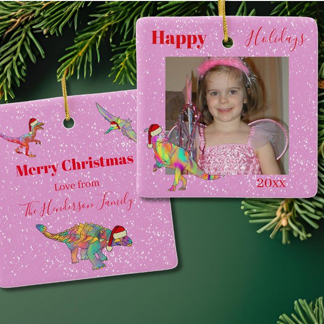 Dinosaurs Personalised pink Ceramic Ornament (Personalized girl name christmas dinosaur pink tree ornament )