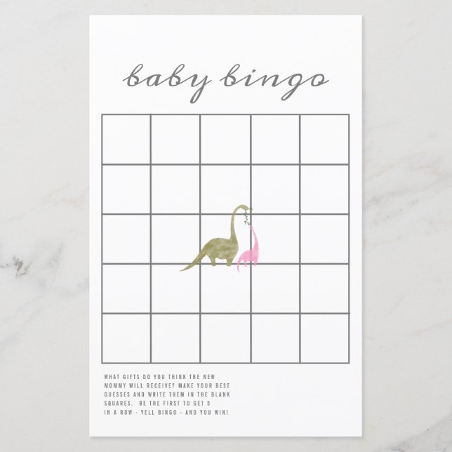 Dinosaurs Pink Baby Shower Bingo Game (Front)