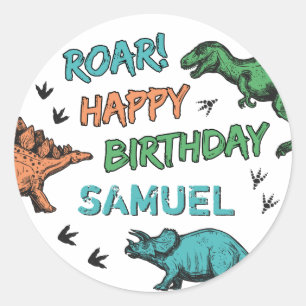 Dinosaurs Stomp Chomp Roar Birthday Party, Any Age Classic Round Sticker