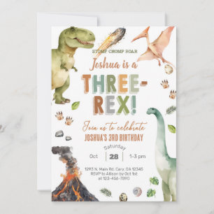 Dinosaurs Three-Rex boy 3rd birthday invite. Invitation