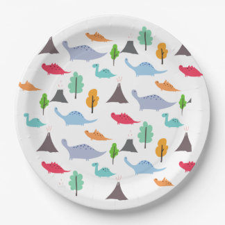 Dinosaurs volcanos trees colorful customizable paper plate