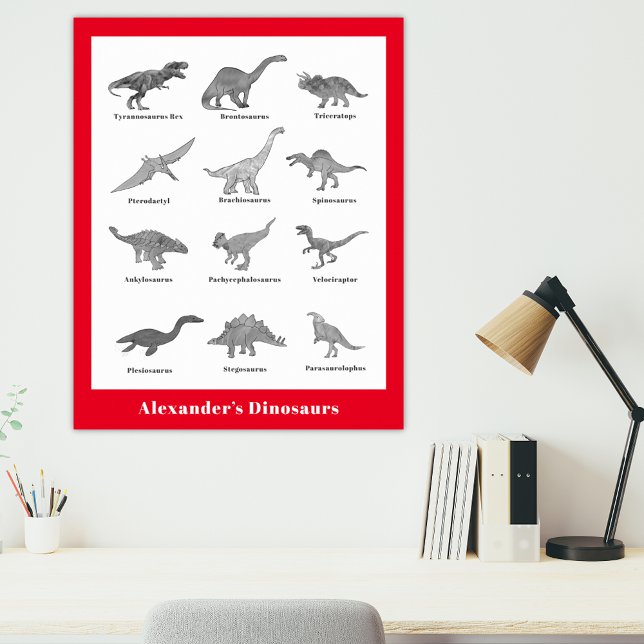 Dinosaurs with names Educational black and white Poster (Dinosaurs with their names cool red and black custom name poster for palaeontology lovers)