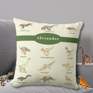 Dinosaurs with names Pattern Dark Green Cushion