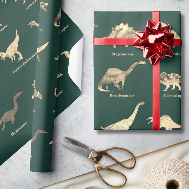 Dinosaurs With Names Pattern Green  Wrapping Paper (Dinosaurs with names green wrapping paper for dino lovers)
