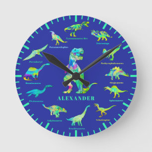 Dinosaurs with names Personalised blue green Round Clock