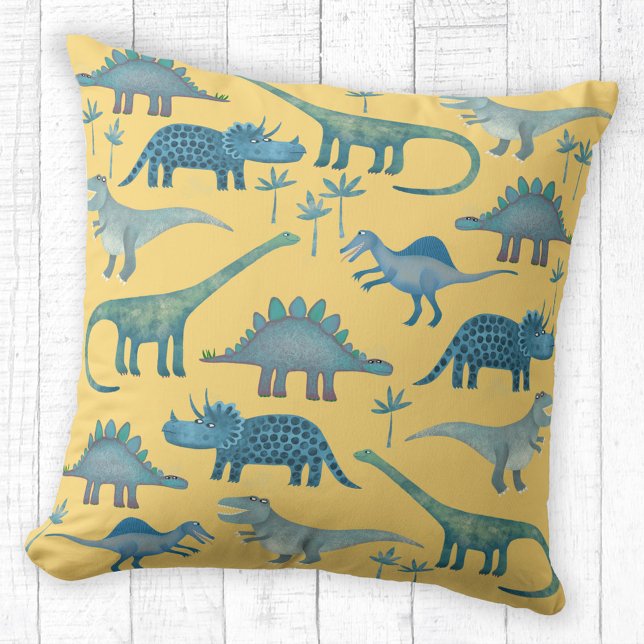 Dinosaurs Yellow Cushion (Fun dinosaur themed yellow throw pillow)