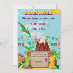 Dinosuar Volcano Boy Birthday Party Invitation