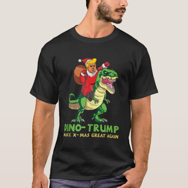 Dinotrump Funny Trump Riding Dinosaur Christmas Sa T-Shirt (Front)