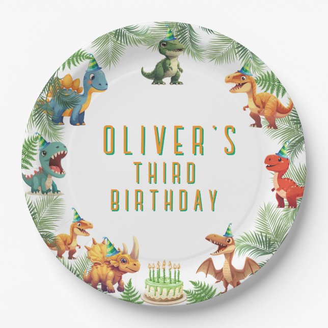 Dinsoaur birthday,watercolor t-rex, paper plate (Front)
