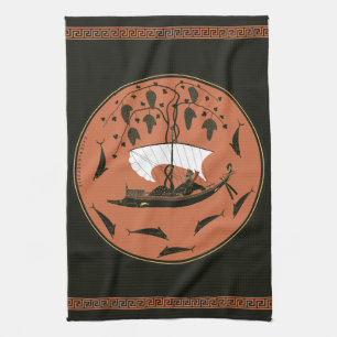 Dionysus Cup: Greek God on Ship w Vines & Dolphins Tea Towel