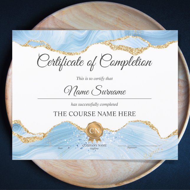 Diploma Certificate of Completion Achievement Blue (baby blue and gold agate certificate of completion)