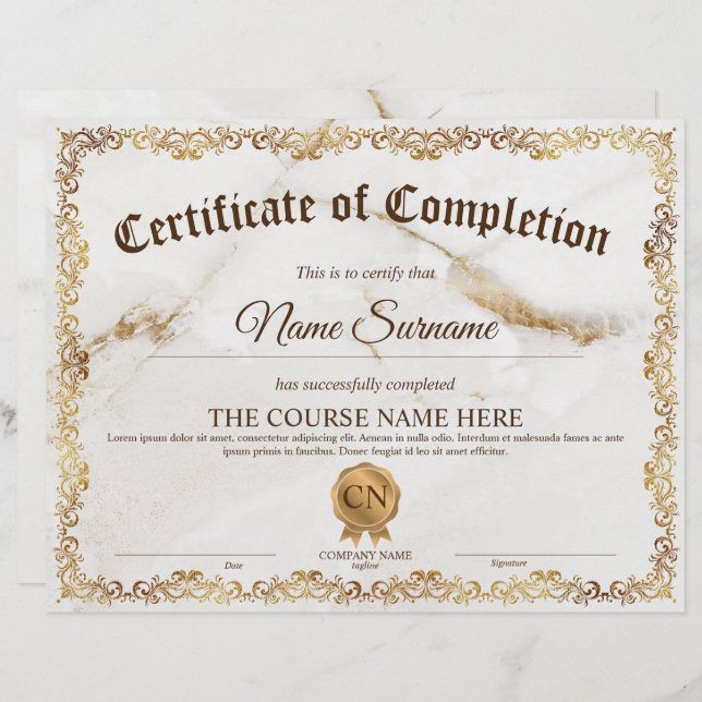 Diploma Certificate of Completion Award Course  (Front/Back)