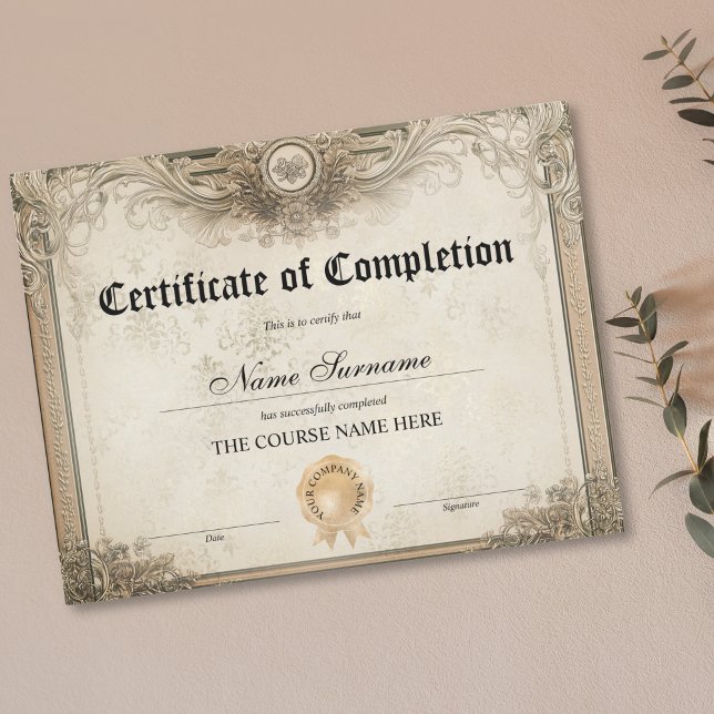 Diploma Certificate of Completion Award Course  (CLASSIC ELEGANT BEIGE GOLD ORNATE CERTIFICATE OF COMPLETION)