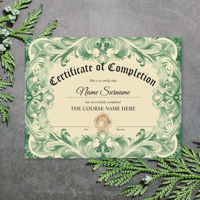 Diploma Certificate of Completion Award Course  (certificate of completion with green ornate border)