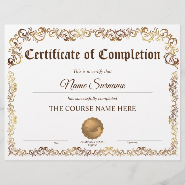 Diploma Certificate of Completion Award Course  (Front)