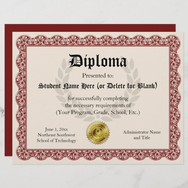 Diploma Certificate of Graduation Red 8.5x11 (Front/Back)