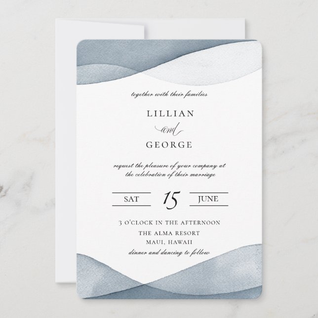 Dipped Blue Watercolor Wedding Invitation (Front)
