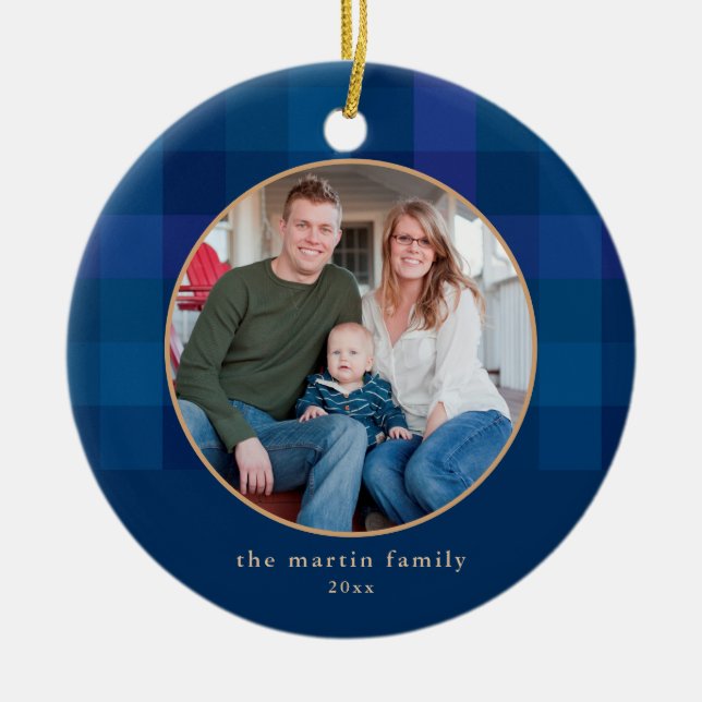 Dipped Plaid Blue Photo Christmas Ceramic Tree Decoration (Front)