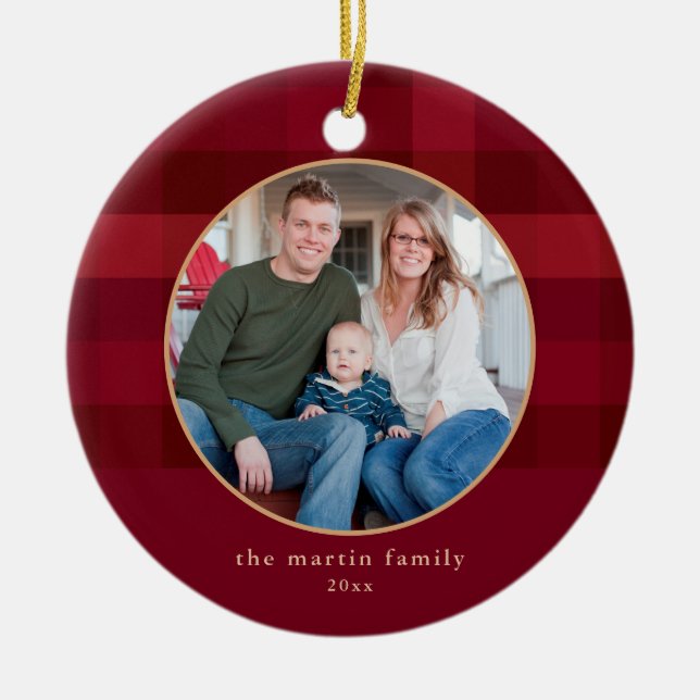 Dipped Plaid Red Photo Christmas Ceramic Tree Decoration (Front)