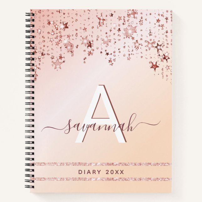 Diray monogram rose gold pink stars notebook (Front)