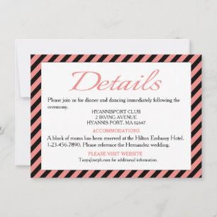 Directions / Details Pink & Black Stripe Wedding Invitation