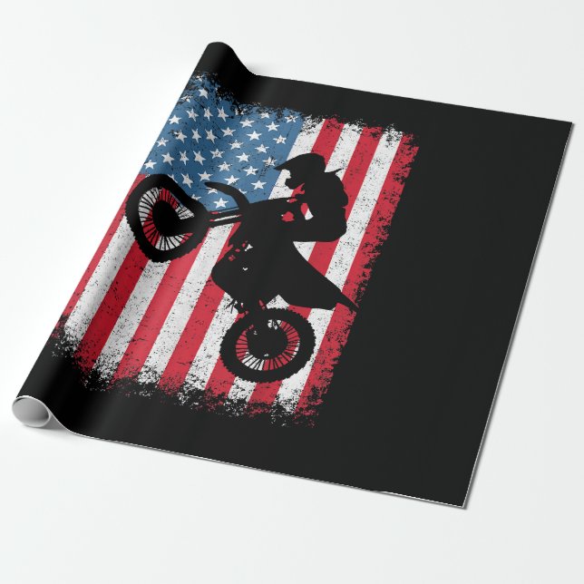 Dirt Bike American Flag Motocross Biker Men Boys V Wrapping Paper (Unrolled)