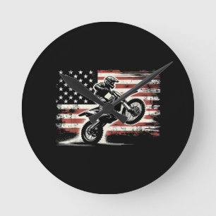Dirt Bike American Flag Motocross Biker Vintage US Round Clock