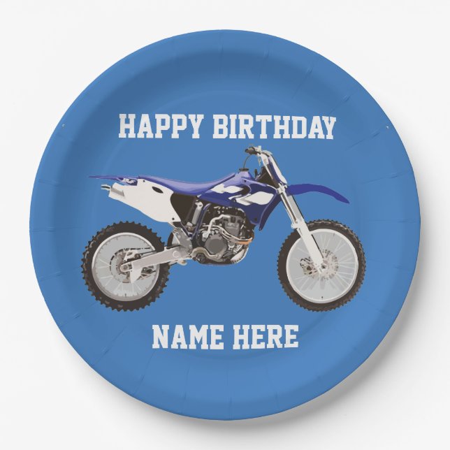 Dirt Bike Blue Birthday Sport Paper Plates (Front)