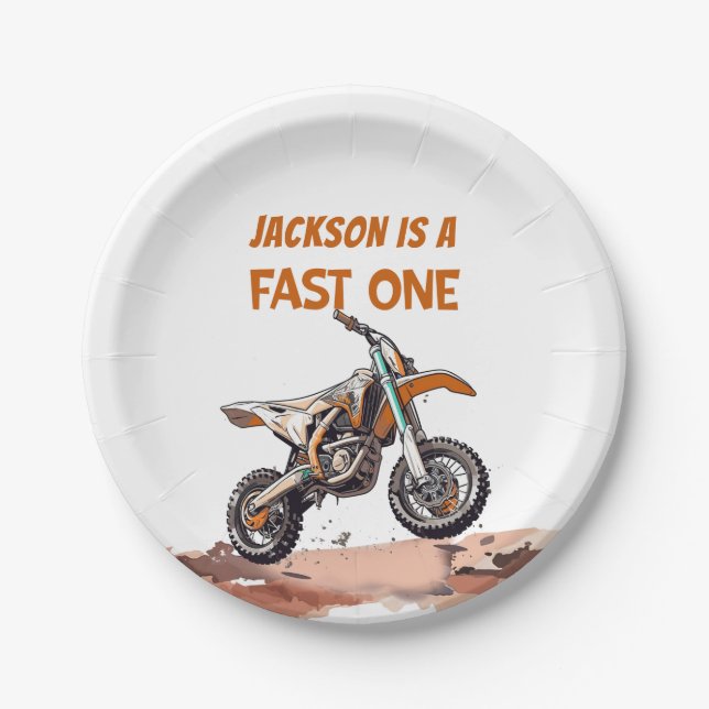 Dirt Bike Fast One 1st Birthday Party Paper Paper Plate (Front)