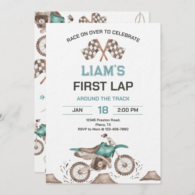 Dirt Bike First Lap Birthday Party Invitation (Front/Back)