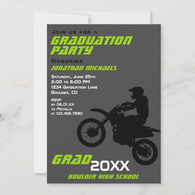 Dirt Bike Motocross Green Black White Graduation Invitation (Front)