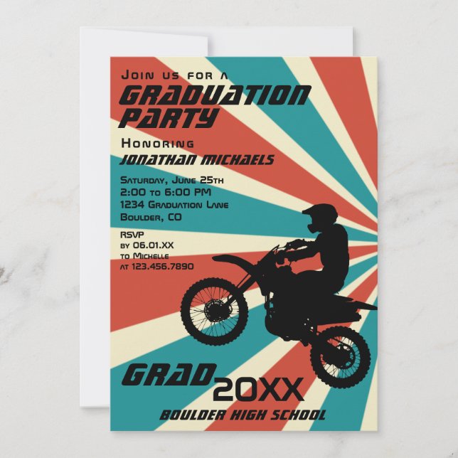 Dirt Bike Motocross PHOTO Sunburst Graduation Invitation (Front)