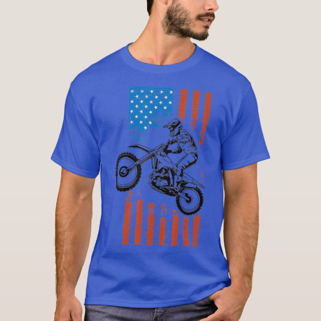 Dirt Bike Motorcycle Motocross American Flag T-Shirt (Front)