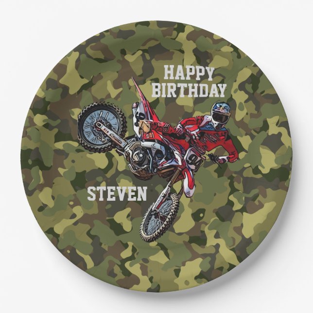 Dirt Bike Red Birthday Sport Motorcycle Cool Camo Paper Plate (Front)