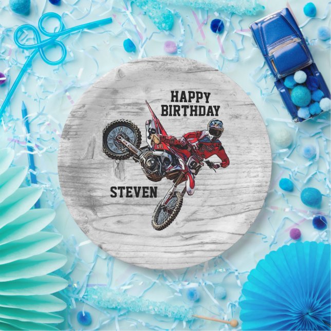 Dirt Bike Red Birthday Sport Motorcycle Cool Paper Paper Plate (Party)