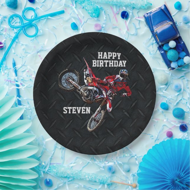Dirt Bike Red Birthday Sport Motorcycle Cool Paper Plate (Party)