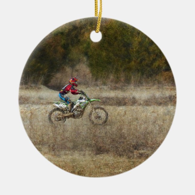 Dirt Bike Riding Ceramic Tree Decoration (Front)