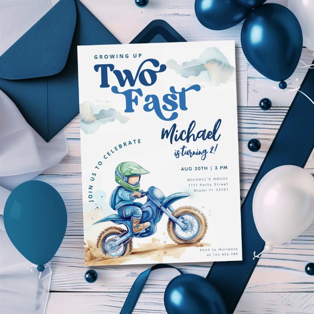 Dirt Bike Two Fast Green Blue Birthday Invitation (Creator Uploaded)