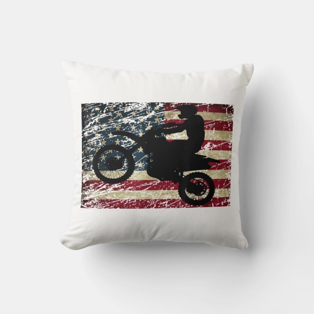 Dirt Bike USA Flag T-Shirt Motocross American Flag Cushion (Front)