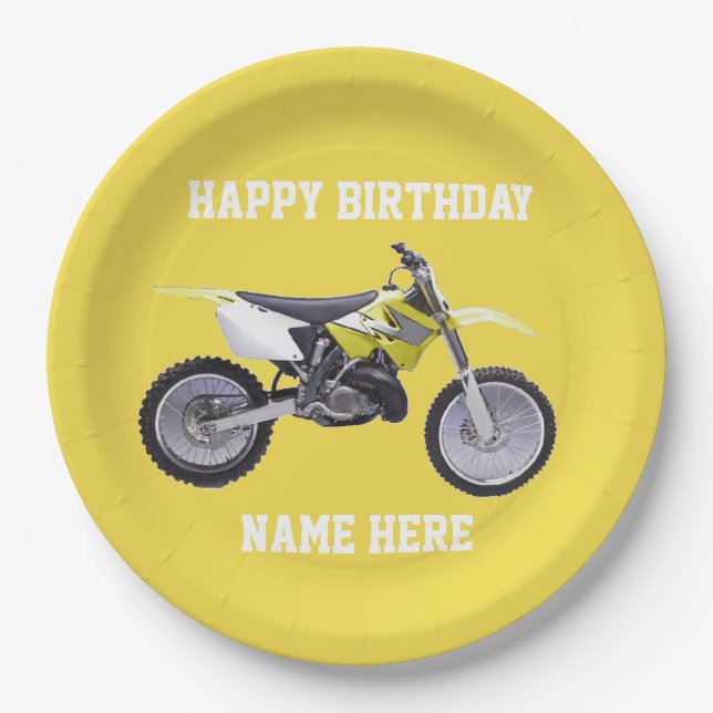 Dirt Bike Yelllow Birthday Sport Paper Plates (Front)