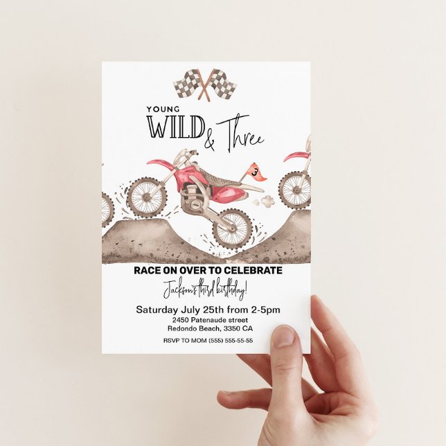 Dirt Bike Young Wild and Three birthday invitation (Red Dirt Bike, YOUNG WILD AND THREE)